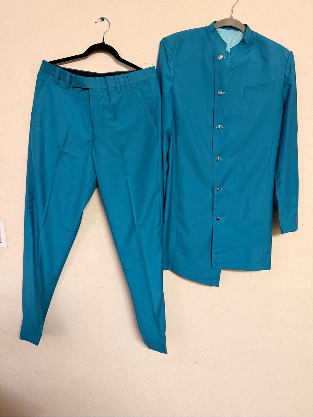 NEW Teal Blue Mandarin Collar Suit Set - Long Jacket + Trousers - Size M/L